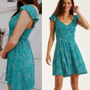 Billabong Forever Yours Seagreen Mini Floral Ruffle Sleeve Summer Dress